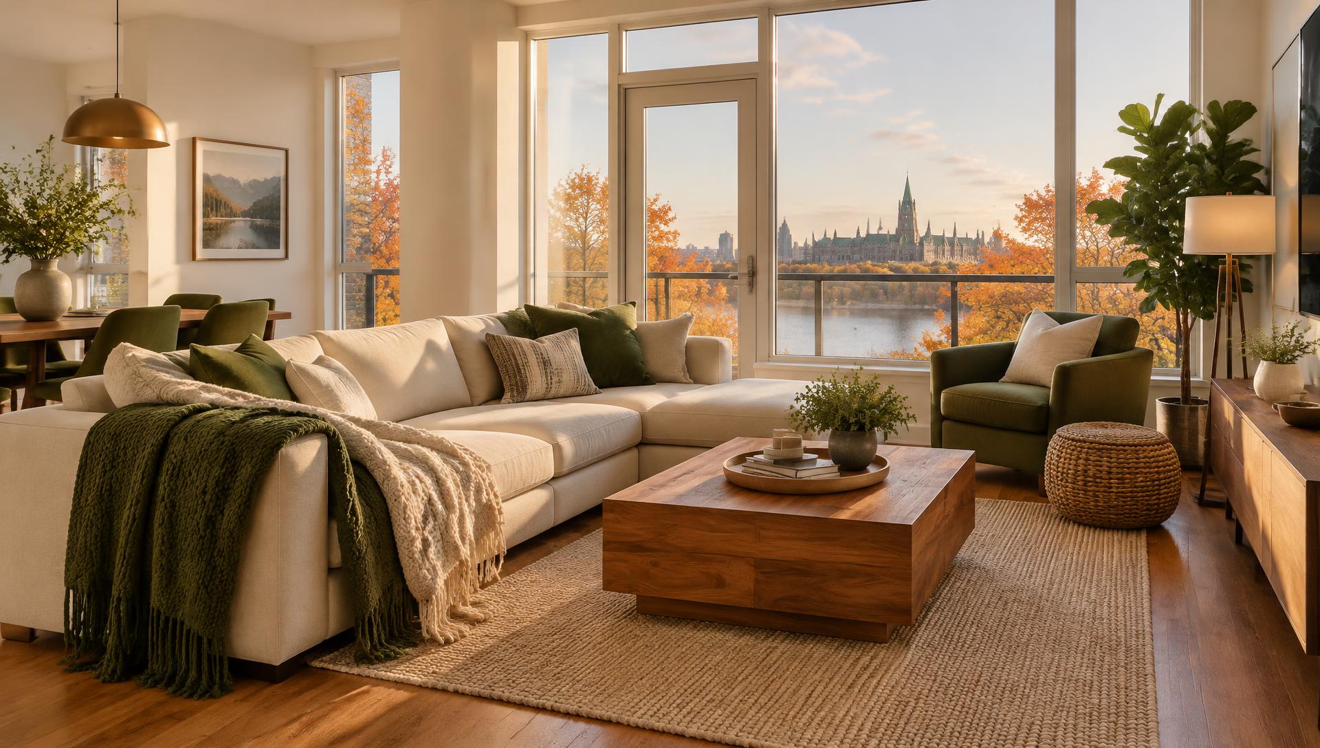 Warm, sunlit living room in a MapleHaven rental